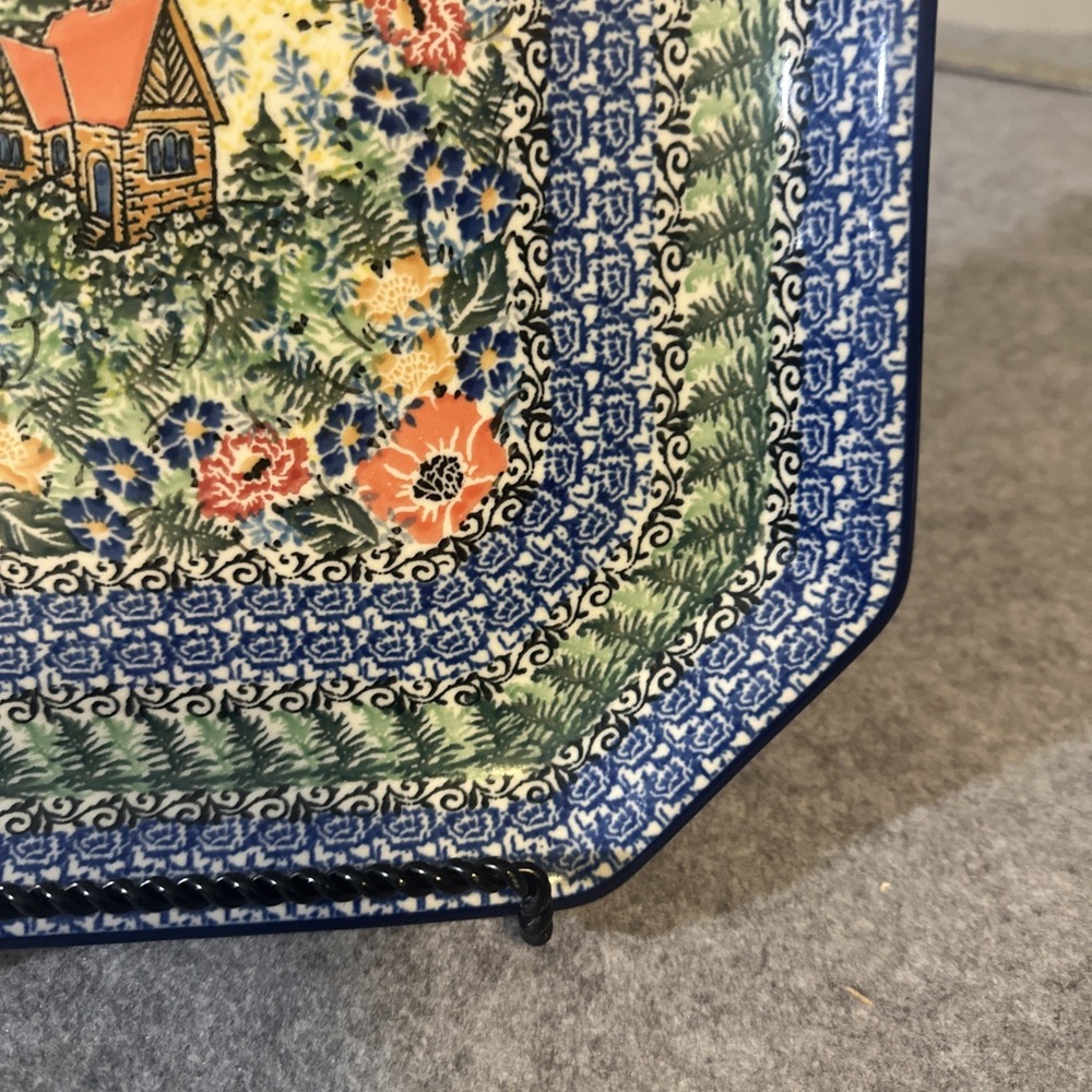 Polish Pottery Square Platter Cabin Meadow UNIKAT 4018 Signd M. Starzyk Poland - Picture 5 of 9